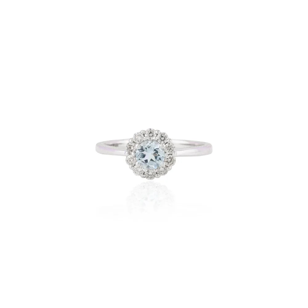 Round Aquamarine & Diamond 14K Solid White Gold Engagement Ring