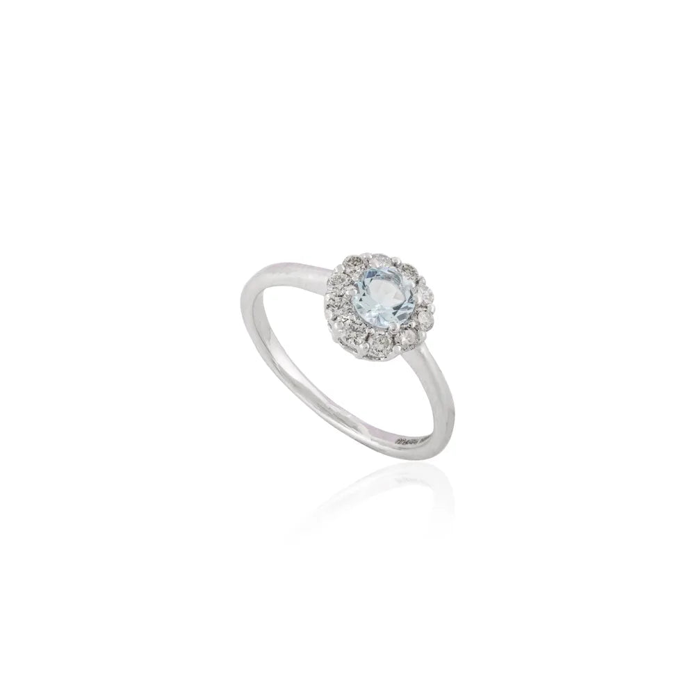 Round Aquamarine & Diamond 14K Solid White Gold Engagement Ring