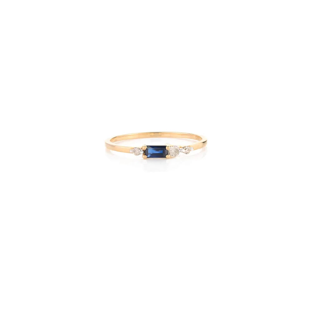 14K Yellow Gold Natural Gemstone Blue Sapphire & Diamond Unique Ring