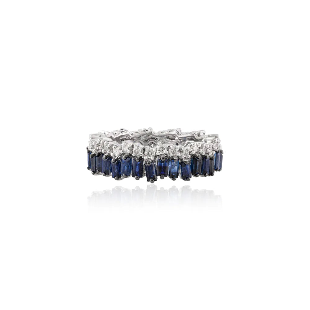 Natural Blue Sapphire & Diamond 18K White Gold Full Eternity Band Ring