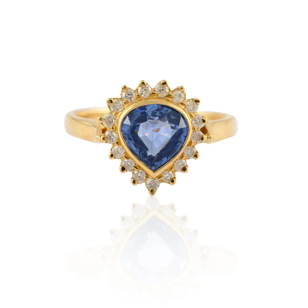 Handmade Natural Blue Sapphire & Diamond 18K Solid Yellow Gold Birthstone Ring