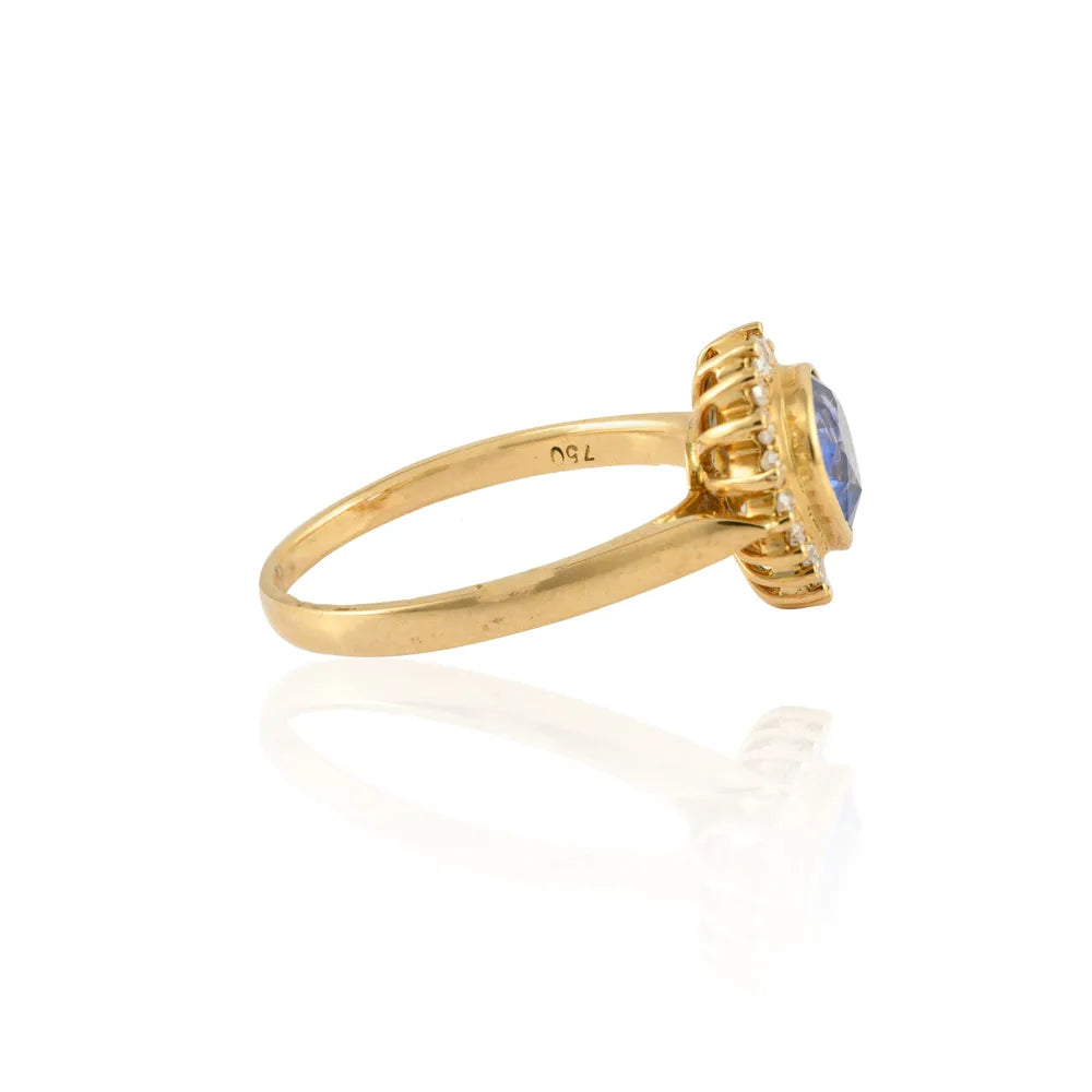 Handmade Natural Blue Sapphire & Diamond 18K Solid Yellow Gold Birthstone Ring