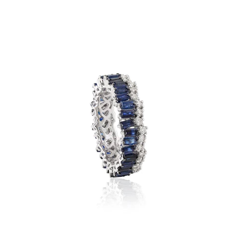 Natural Blue Sapphire & Diamond 18K White Gold Full Eternity Band Ring