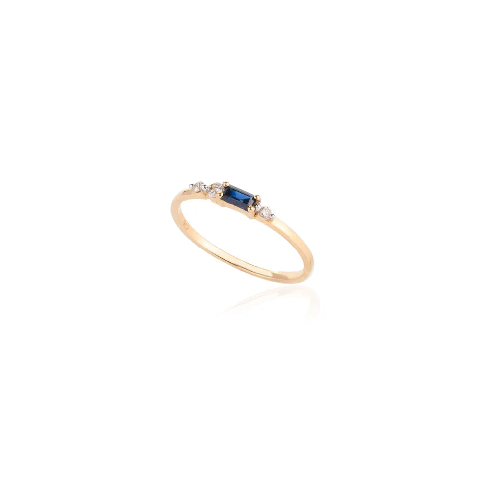 14K Yellow Gold Natural Gemstone Blue Sapphire & Diamond Unique Ring