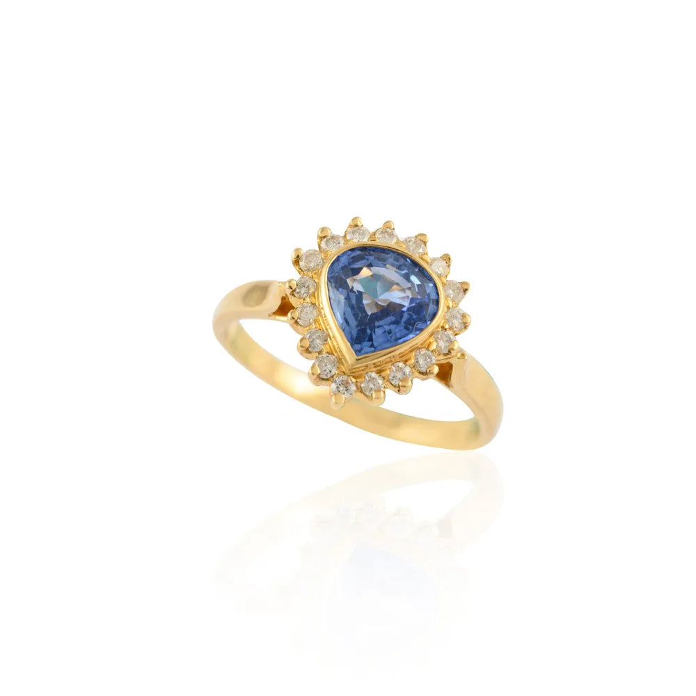 Handmade Natural Blue Sapphire & Diamond 18K Solid Yellow Gold Birthstone Ring