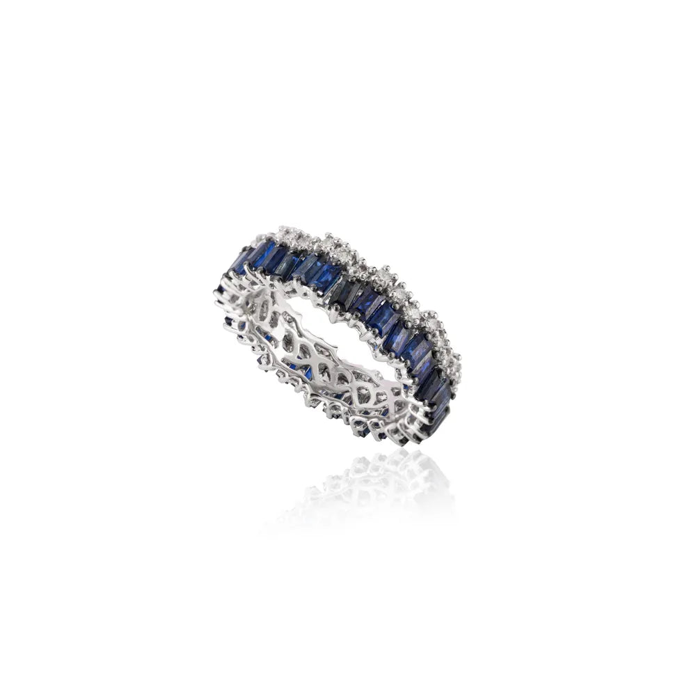 Natural Blue Sapphire & Diamond 18K White Gold Full Eternity Band Ring