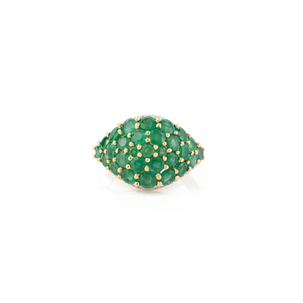 Handcrafted Jewelry Emerald & Diamond 18K Yellow Gold May Birthstone Dome Ring