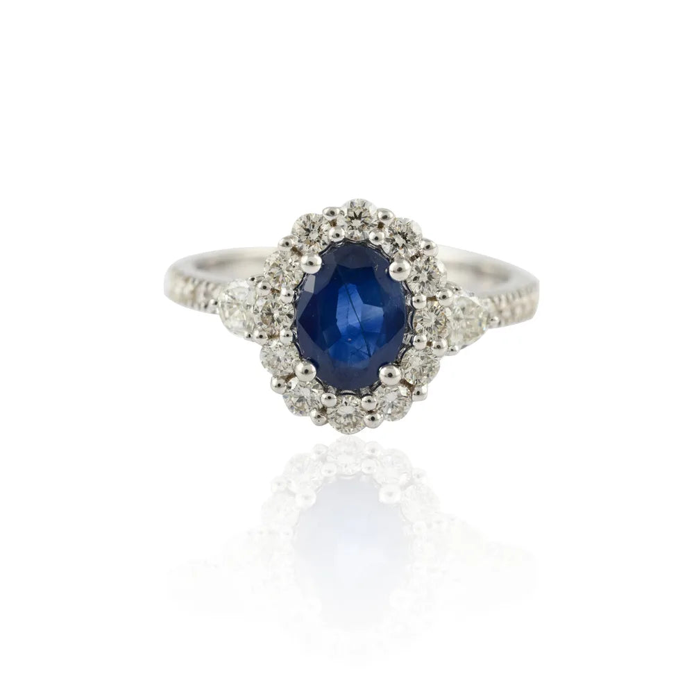 Fashionable Natural Blue Sapphire & Diamond 18K Solid White Gold Cocktail Ring