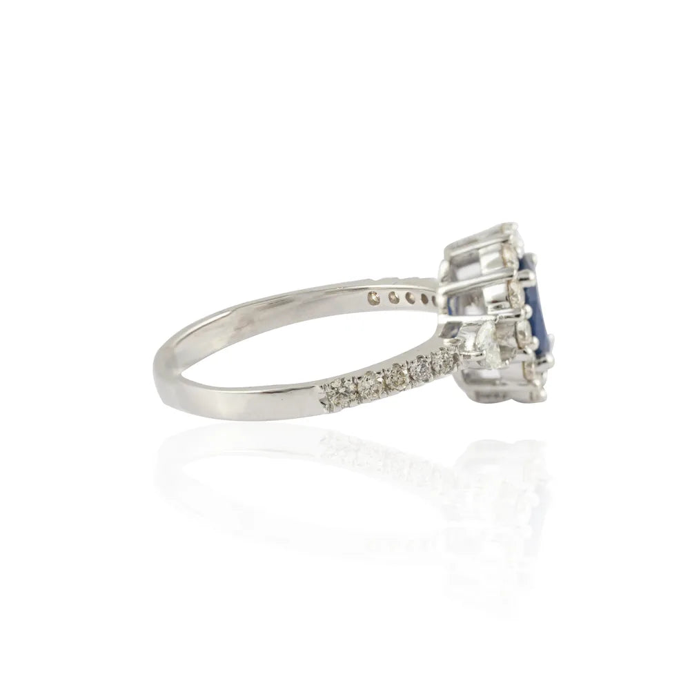 Fashionable Natural Blue Sapphire & Diamond 18K Solid White Gold Cocktail Ring