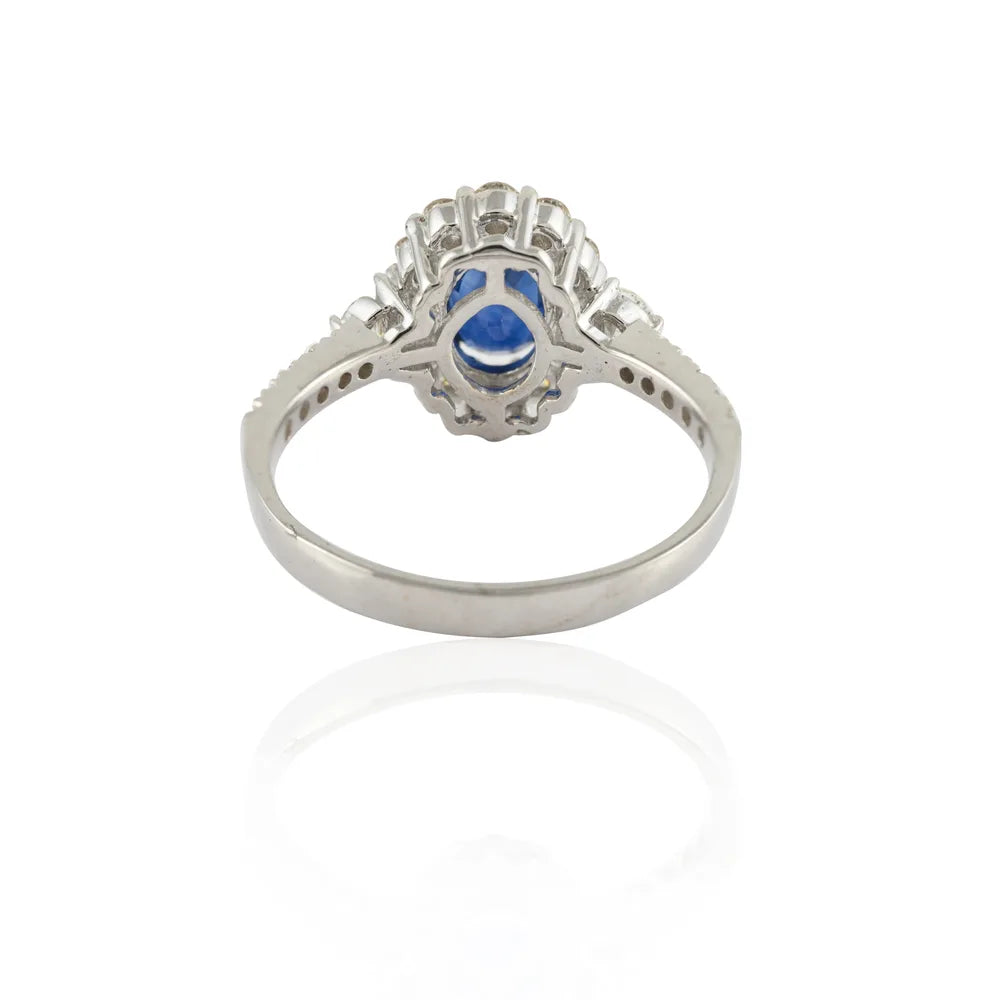 Fashionable Natural Blue Sapphire & Diamond 18K Solid White Gold Cocktail Ring