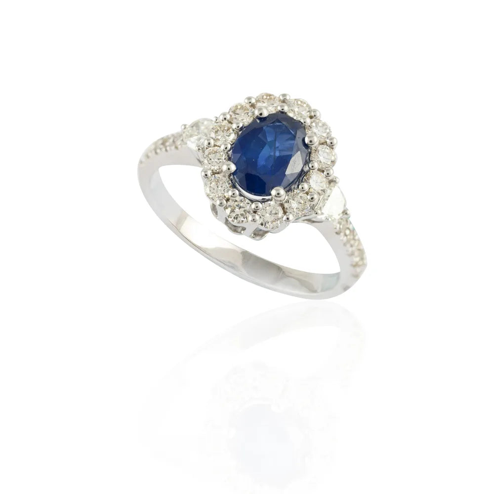 Fashionable Natural Blue Sapphire & Diamond 18K Solid White Gold Cocktail Ring