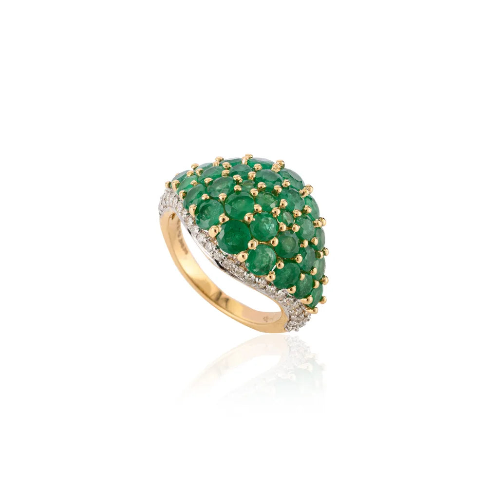 Handcrafted Jewelry Emerald & Diamond 18K Yellow Gold May Birthstone Dome Ring