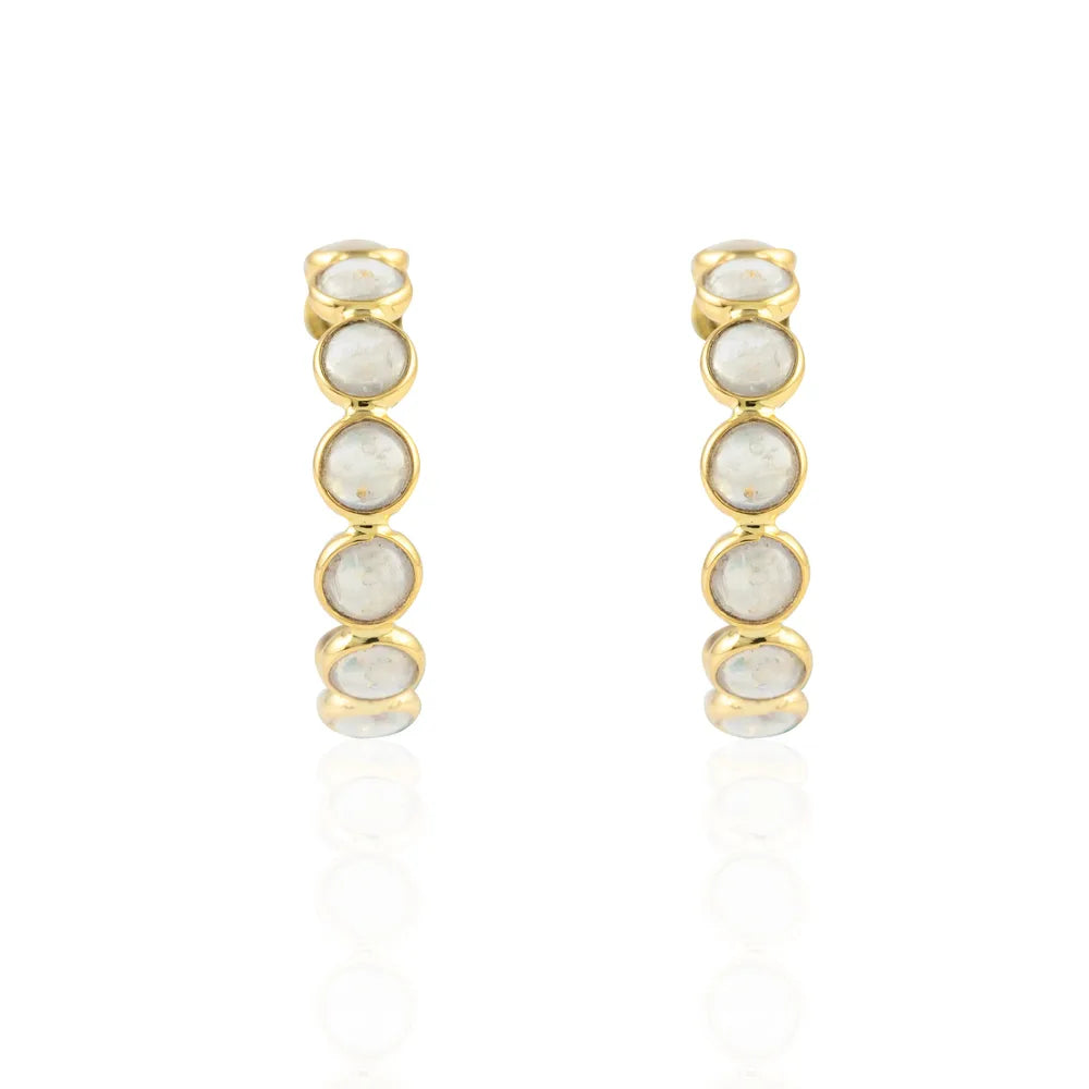 Fashionable Natural Rainbow Moonstone 14K Solid Yellow Gold Hoop Earring