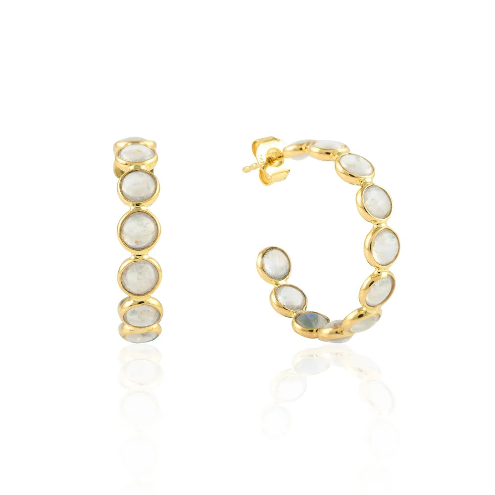 Fashionable Natural Rainbow Moonstone 14K Solid Yellow Gold Hoop Earring