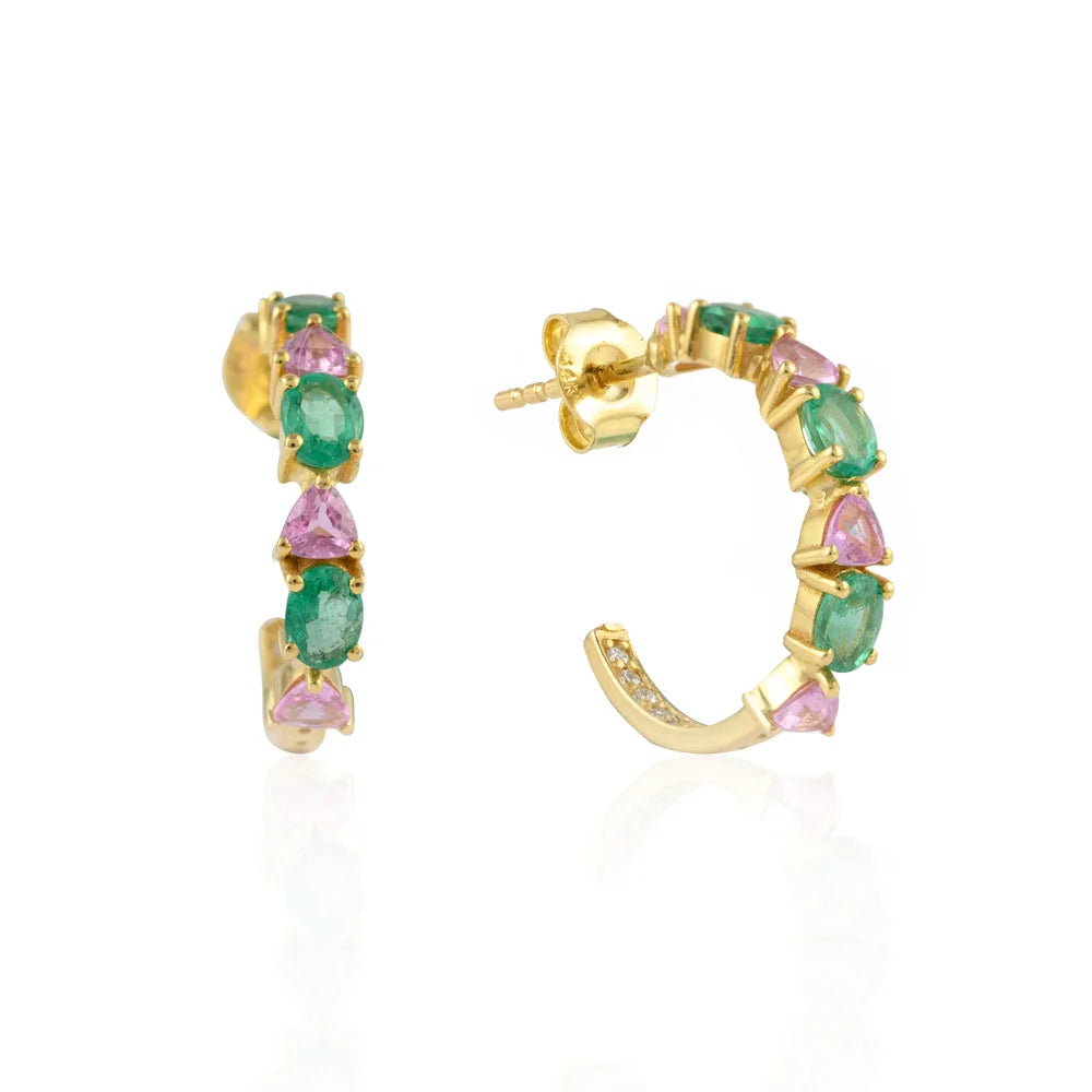 Fashionable Natural Emerald, Pink Sapphire And Diamond 14K Yellow Gold Hoop Earring