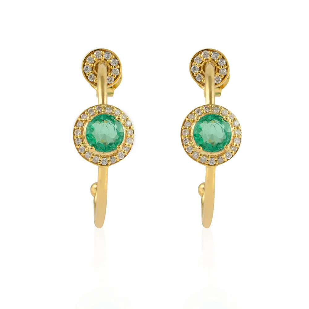 Fine Jewelry Natural Emerald & Diamond 14K Solid Yellow Gold May Birthstone Earring