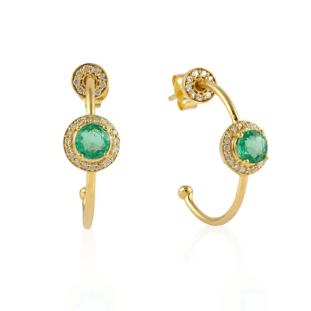 Fine Jewelry Natural Emerald & Diamond 14K Solid Yellow Gold May Birthstone Earring