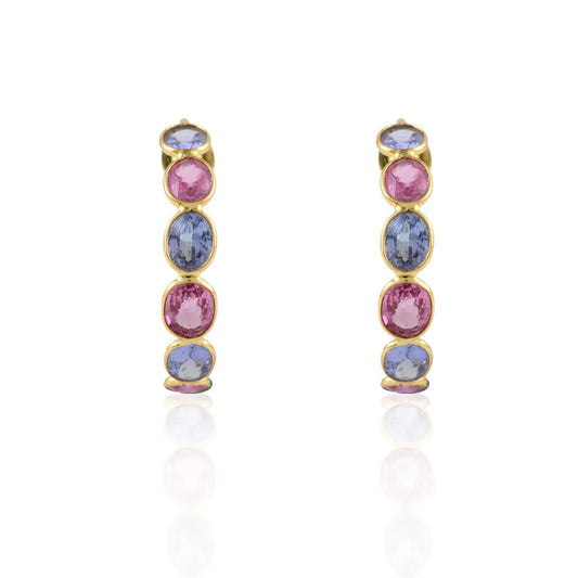 Natural Precious Gemstone Multi Sapphire 14K Solid Yellow Gold Hoop Earring