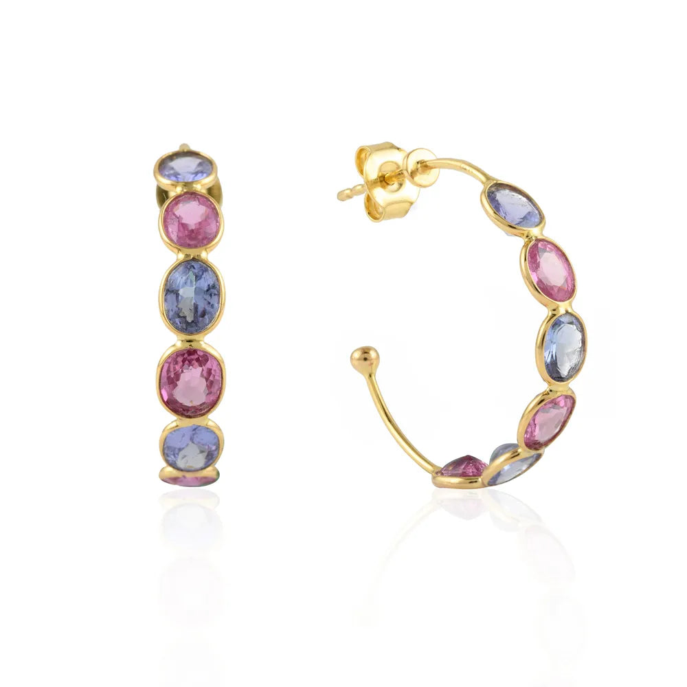 Natural Precious Gemstone Multi Sapphire 14K Solid Yellow Gold Hoop Earring