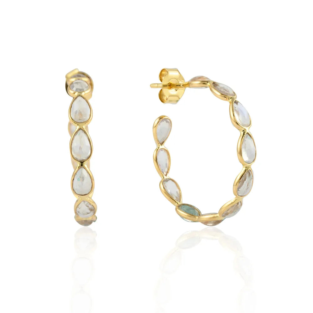 Fashionable 14K Solid Yellow Gold Natural Rainbow Moonstone C-Hoop Earring