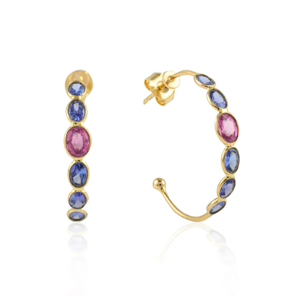 Custom Jewelry Natural Multi Sapphire 14K Solid Yellow Gold C Shape Hoop Earring