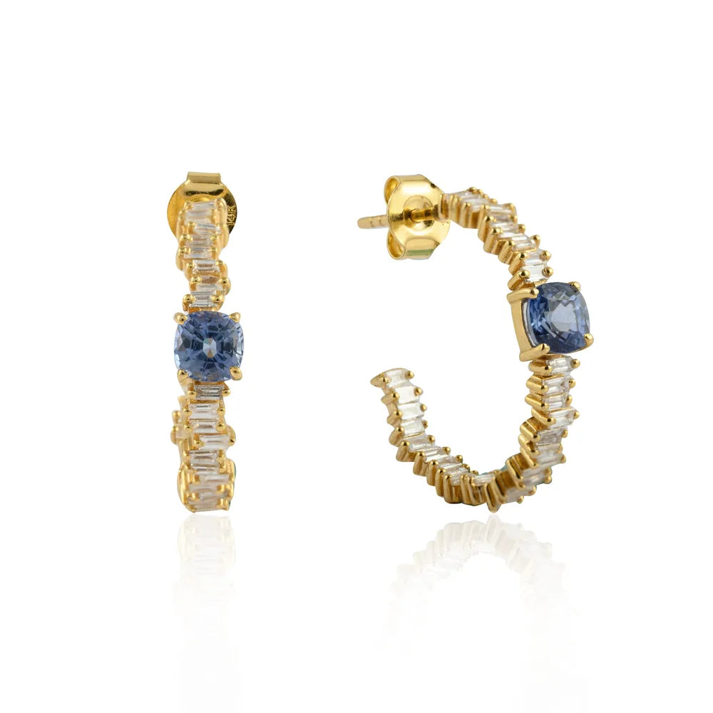 Handcrafted Natural Blue Sapphire & Diamond 14K Solid Yellow Gold C Hoop Earring