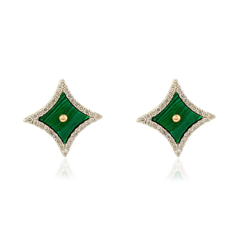 Handcrafted Jewelry Malachite & Diamond Solid 18K Yellow Gold Stud Earrings