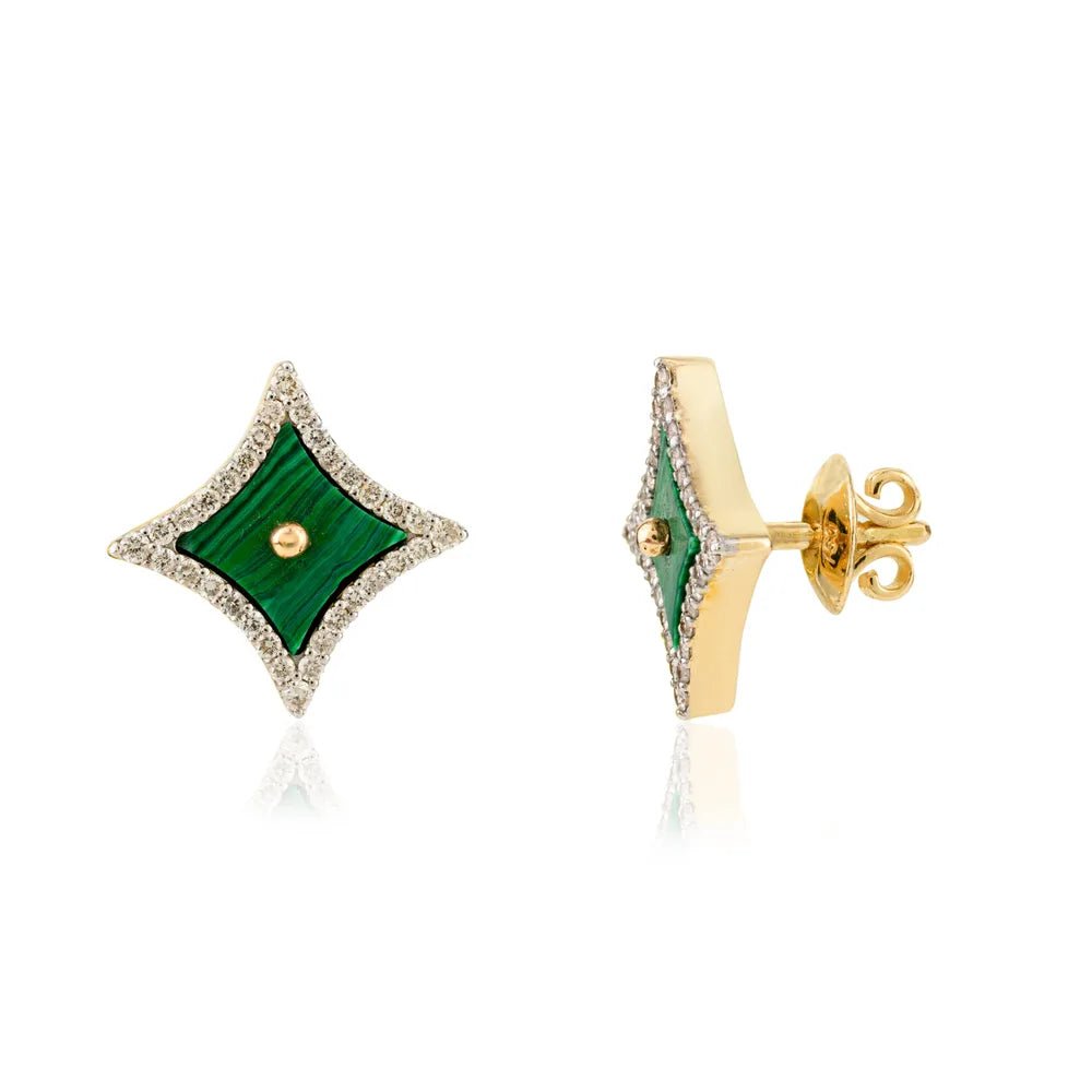 Handcrafted Jewelry Malachite & Diamond Solid 18K Yellow Gold Stud Earrings