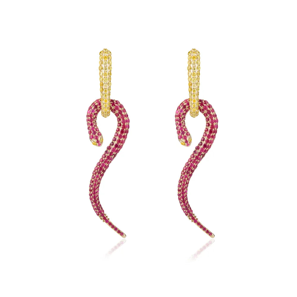 July Birthstone Natural Ruby & Diamond 18K Yellow Gold Snake Dangle Earrings