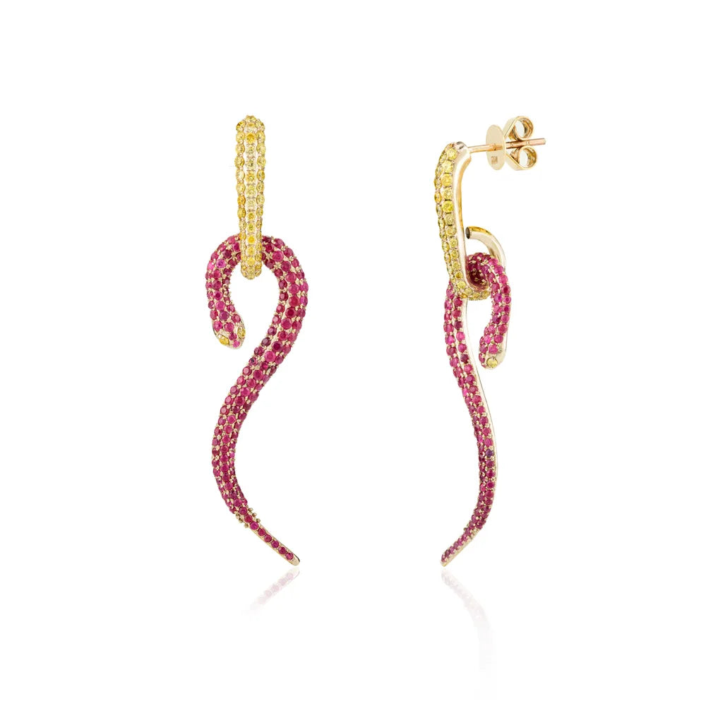 July Birthstone Natural Ruby & Diamond 18K Yellow Gold Snake Dangle Earrings