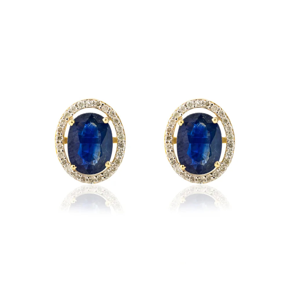 Birthstone Jewelry Blue Sapphire & Diamond 14K Solid Yellow Gold Stud Earrings