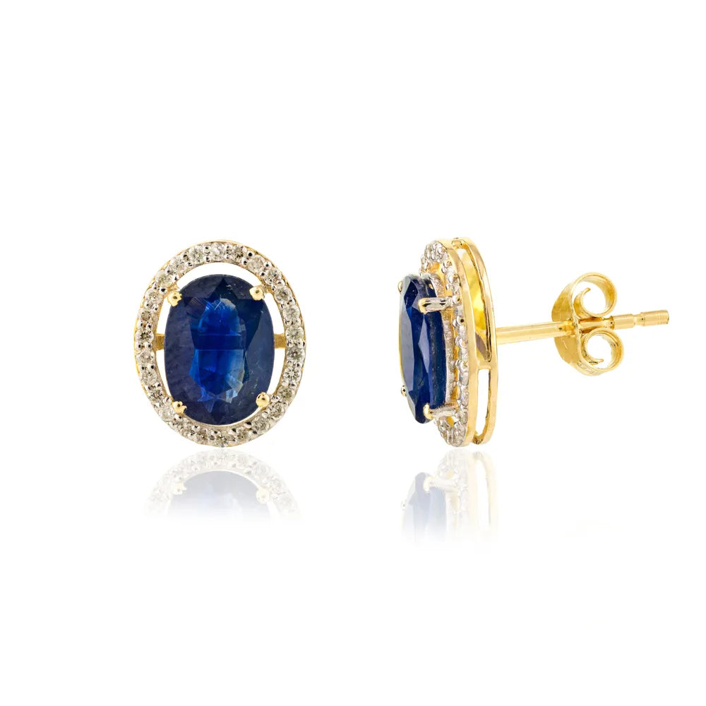 Birthstone Jewelry Blue Sapphire & Diamond 14K Solid Yellow Gold Stud Earrings