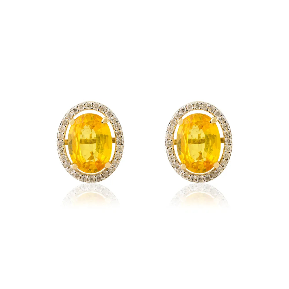 Handcrafted Natural Yellow Sapphire & Diamond 14K Yellow Gold Stud Earrings