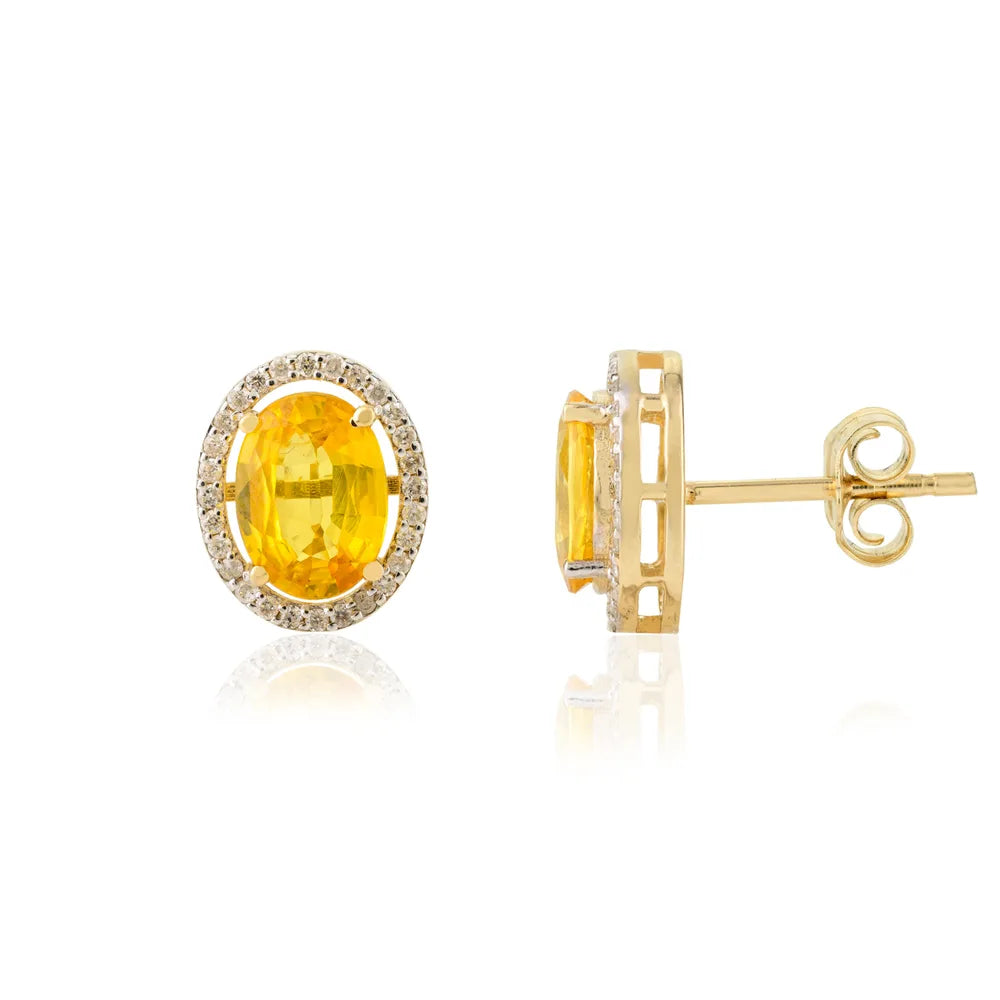 Handcrafted Natural Yellow Sapphire & Diamond 14K Yellow Gold Stud Earrings