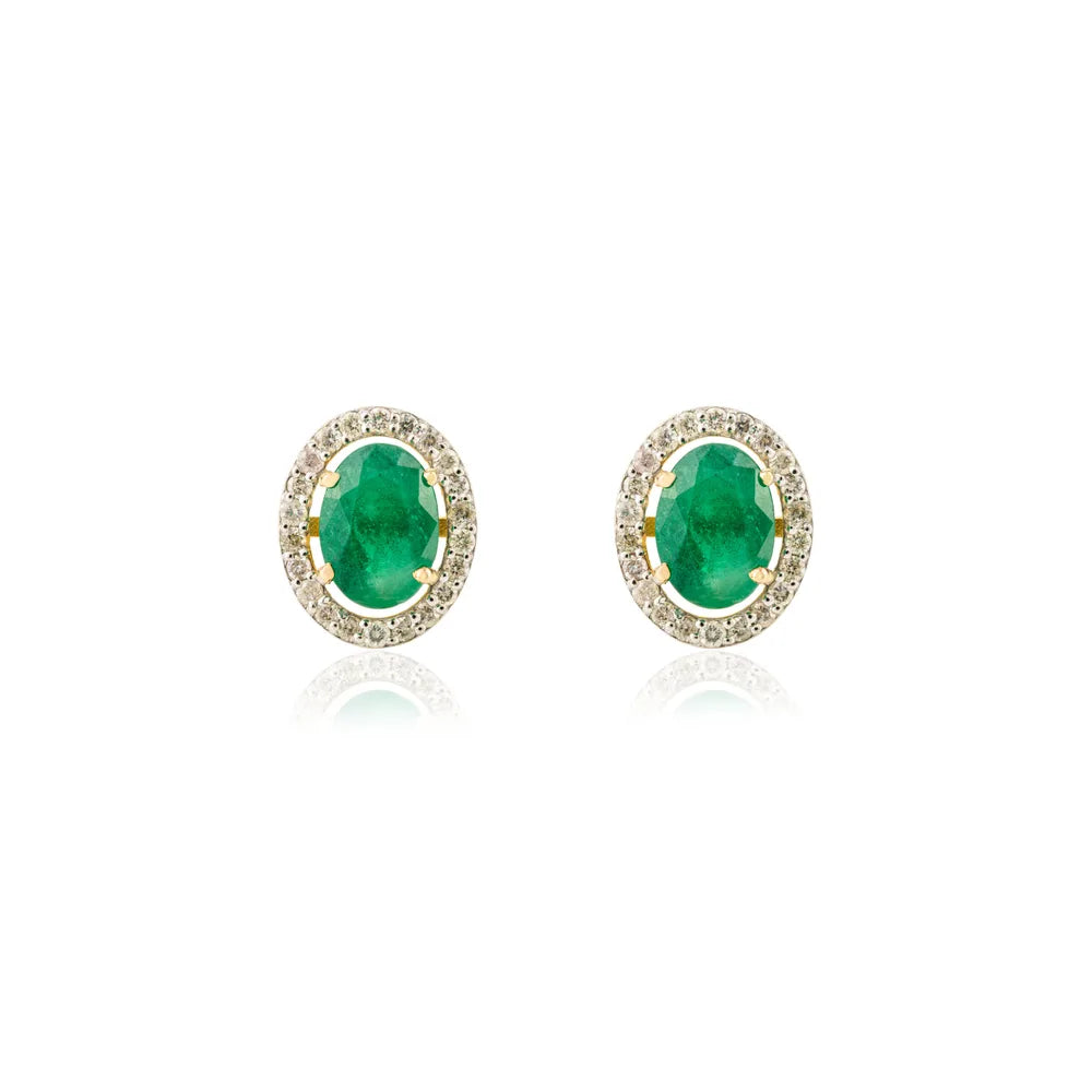 Fine Jewelry Natural 14K Yellow Gold Emerald & Diamond Stud Earrings