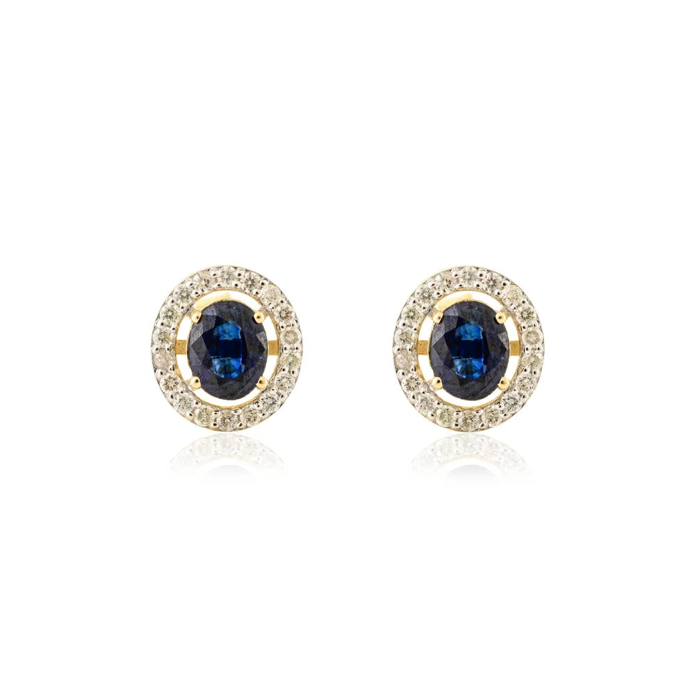 Designer Blue Sapphire & Diamond Fine 14K Yellow Gold Stud Earrings