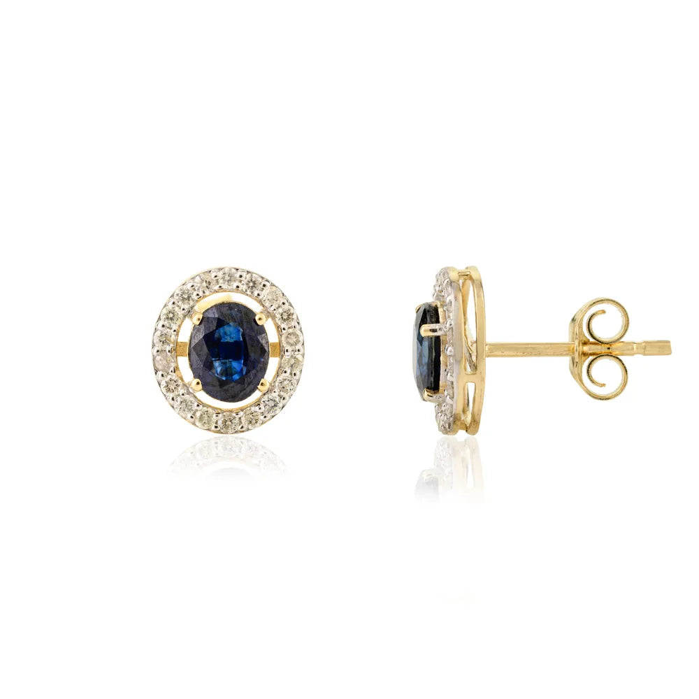 Designer Blue Sapphire & Diamond Fine 14K Yellow Gold Stud Earrings