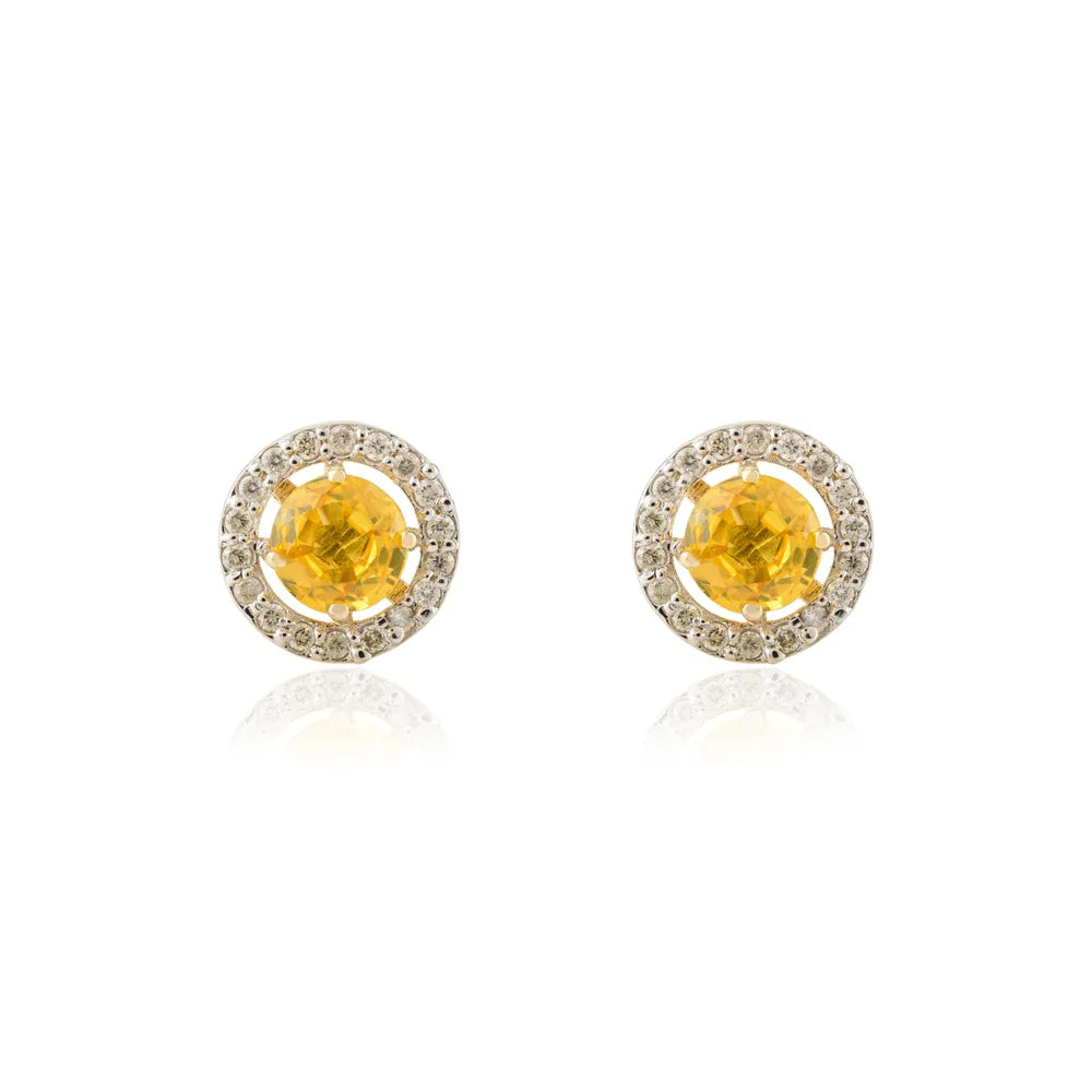 Round Cut Yellow Sapphire & Diamond Solid 14K Yellow Gold Stud Earrings