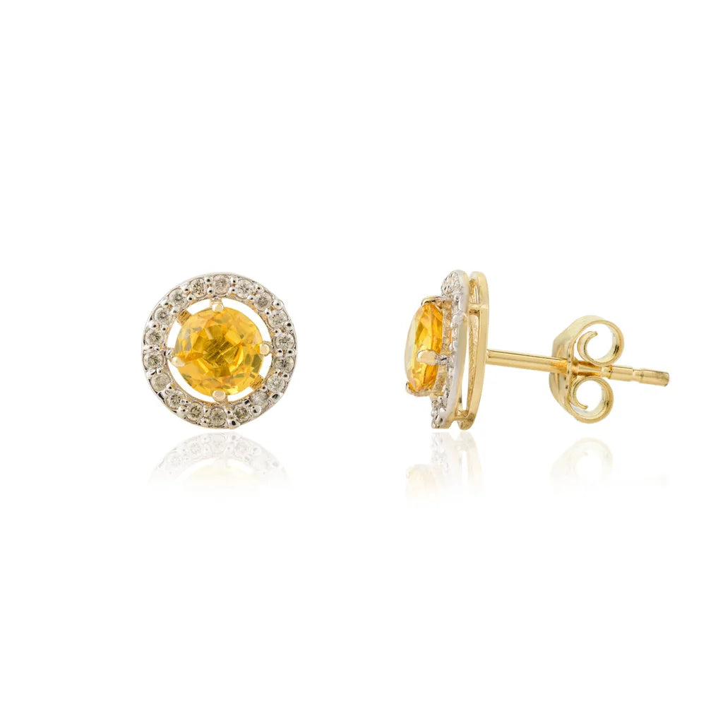 Round Cut Yellow Sapphire & Diamond Solid 14K Yellow Gold Stud Earrings