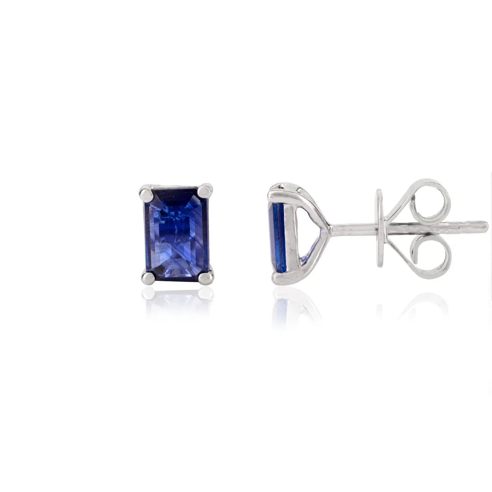 Baguette Shape Handmade Blue Sapphire Solid 14K White Gold Stud Earrings