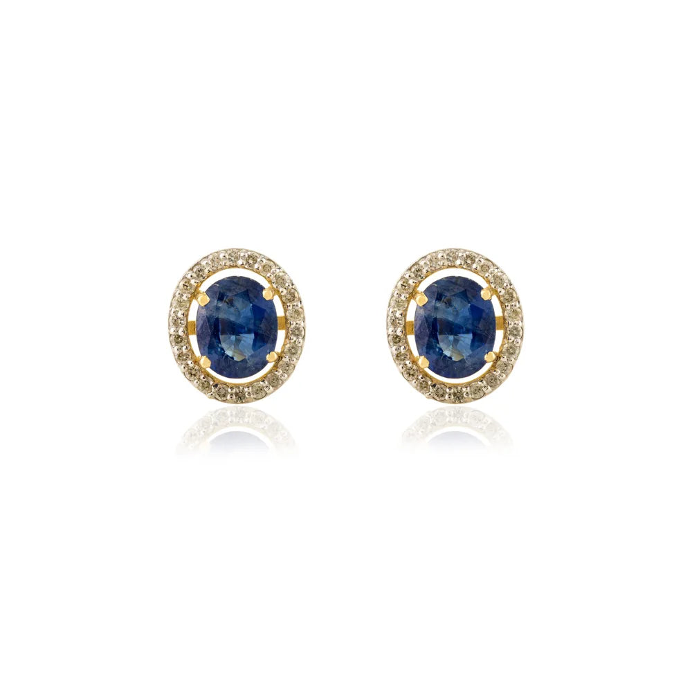 Wholesale Jewelry 14K Yellow Gold Blue Sapphire & Diamond Stud Earrings