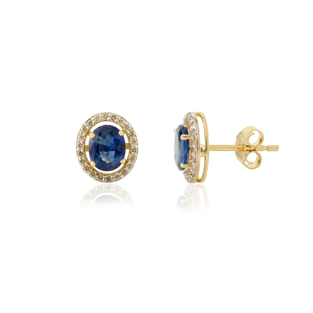 Wholesale Jewelry 14K Yellow Gold Blue Sapphire & Diamond Stud Earrings