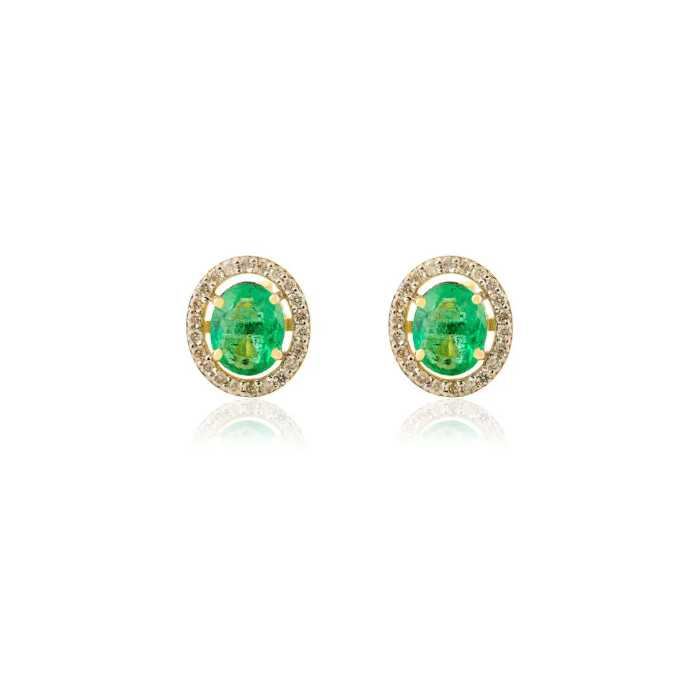 Latest Design 14K Yellow Gold Natural Emerald & Diamond Stud Earrings