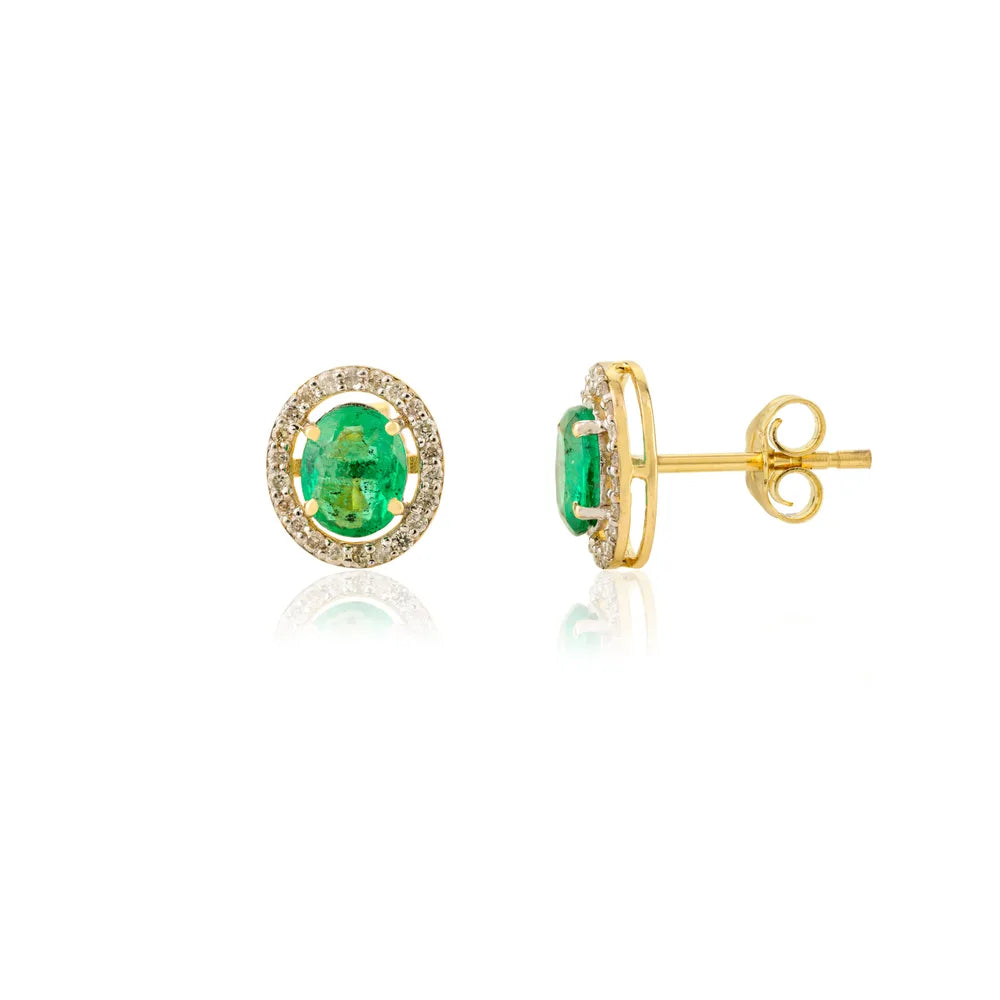 Latest Design 14K Yellow Gold Natural Emerald & Diamond Stud Earrings