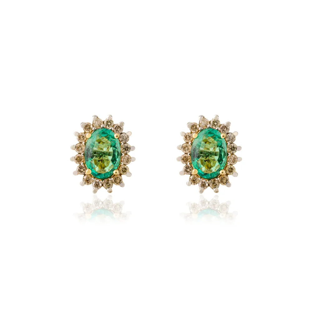 New Arrivals Natural Emerald & Diamond 14K Solid Yellow Gold Stud Earrings