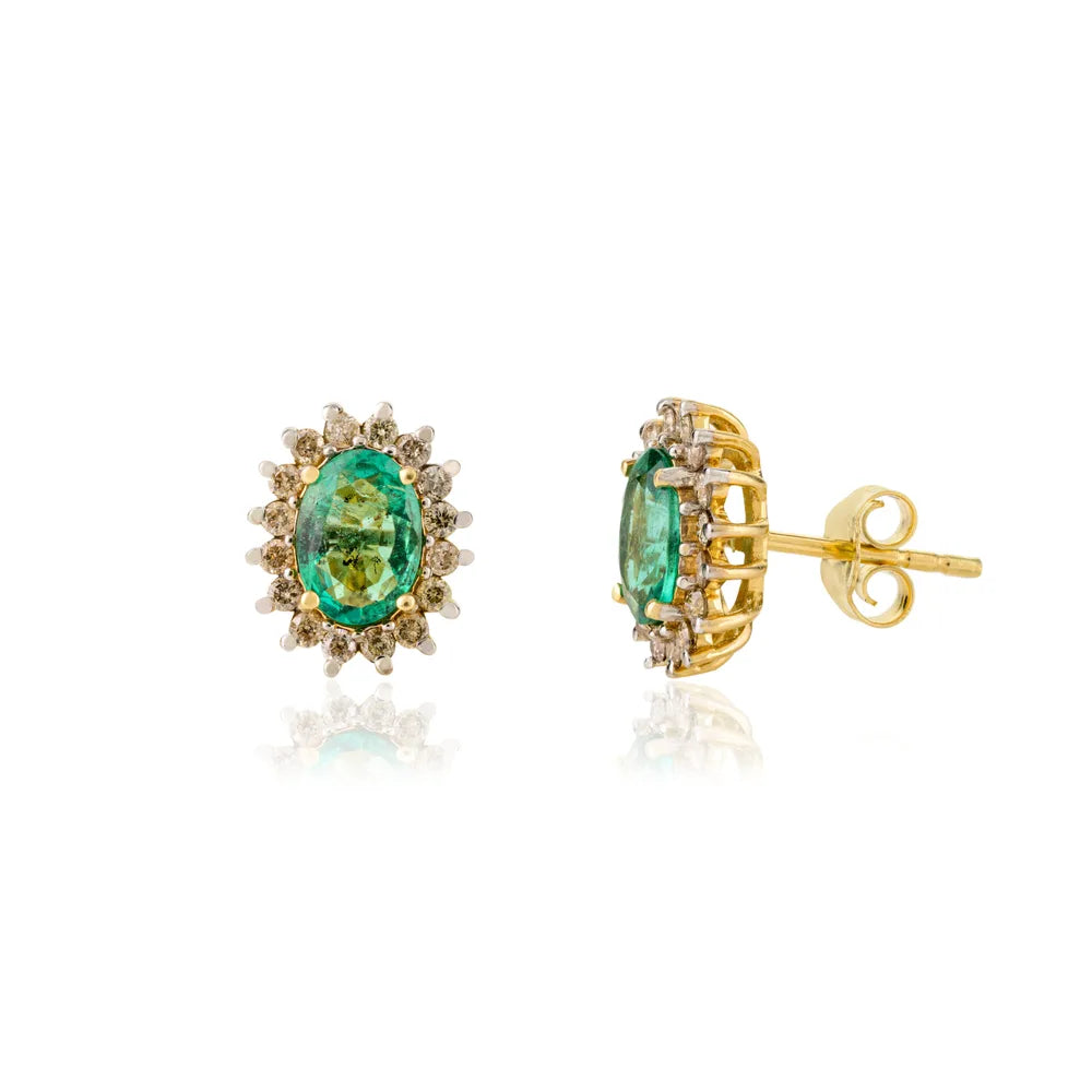 New Arrivals Natural Emerald & Diamond 14K Solid Yellow Gold Stud Earrings