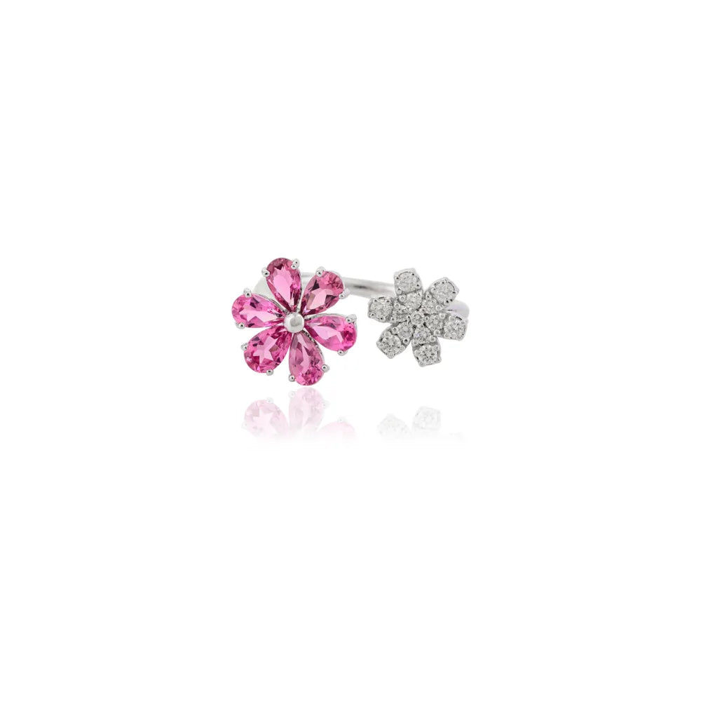 Latest Design 14K White Gold Pink Tourmaline & Diamond Floral Open Band Ring