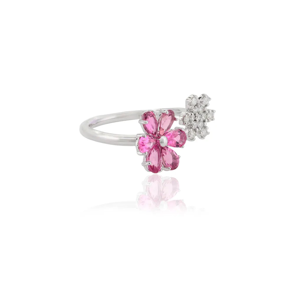 Latest Design 14K White Gold Pink Tourmaline & Diamond Floral Open Band Ring