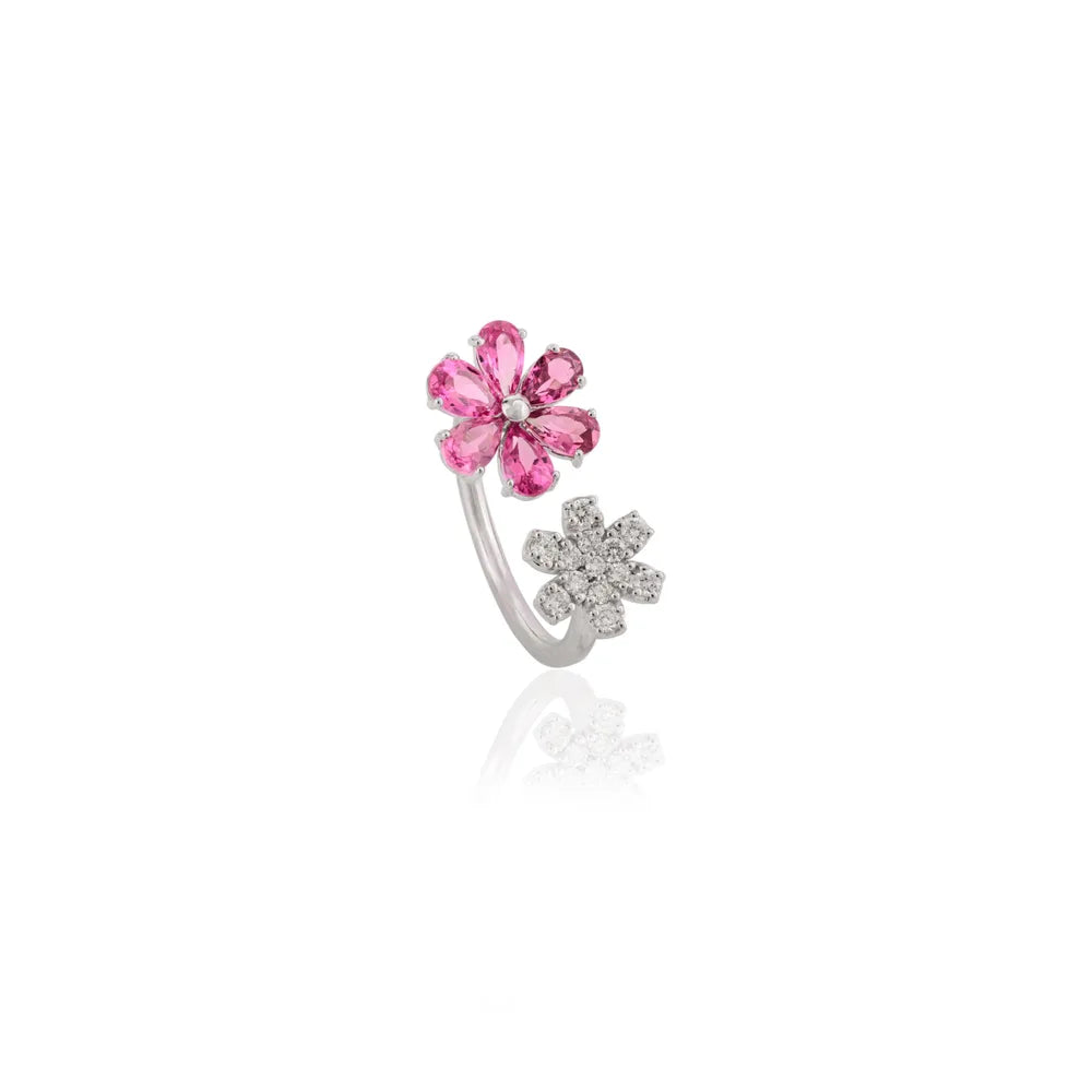 Latest Design 14K White Gold Pink Tourmaline & Diamond Floral Open Band Ring