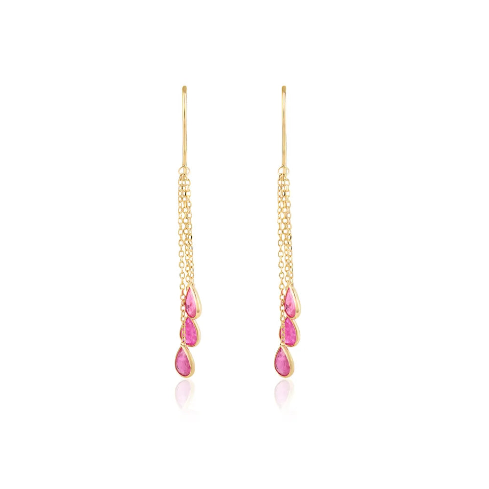 Minimal Jewelry Solid Yellow Gold Natural Pear Ruby Multi Chain Drop Earrings